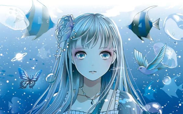 HD anime wallpaper featuring a serene anime girl with long hair and a flower accessory, surrounded by a whimsical collection of fish, birds, and butterflies in an underwater-like background.