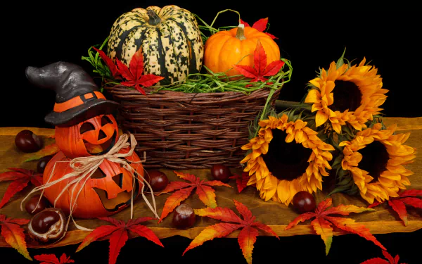 A 4K Ultra HD still life featuring a basket of gourds and pumpkins, a jack-o'-lantern, vibrant sunflowers, and autumn leaves, capturing the essence of fall.
