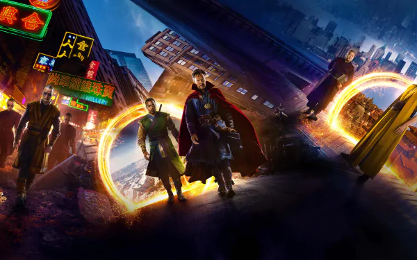 HD desktop wallpaper featuring characters from the movie Doctor Strange, including Mads Mikkelsen, Chiwetel Ejiofor, Benedict Cumberbatch, and Tilda Swinton, set against a vibrant city backdrop.