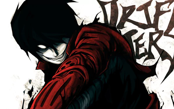 HD anime desktop wallpaper featuring Toyohisa Shimazu from Drifters with a dark, intense style and bold red and black colors.