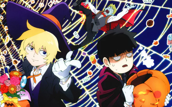 An 8K Ultra HD wallpaper featuring Teruki Hanazawa, Arataka Reigen, and Shigeo Kageyama from the anime Mob Psycho 100 in Halloween-themed costumes.