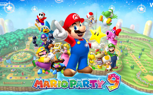 HD PC desktop wallpaper of the video game Mario Party 9 featuring Mario front and center with Luigi, Yoshi, Toad and other Mushroom Kingdom characters over a bright, colorful game board background.