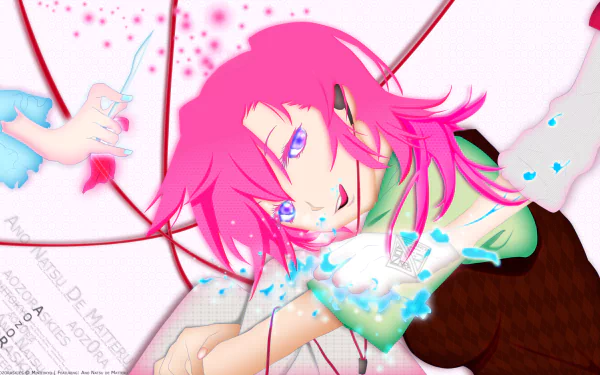 Anime-style HD desktop wallpaper from Waiting in the Summer featuring a character with vibrant pink hair and blue eyes in a dynamic, colorful composition.