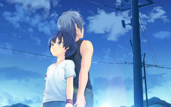 Anime Waiting in the Summer HD PC desktop wallpaper — two teens back-to-back under a bright blue sky and power lines, sunlight on the horizon.