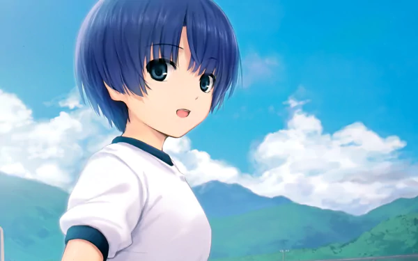 Anime-style HD desktop wallpaper from Waiting in the Summer featuring a girl with short blue hair against a bright blue sky and distant mountains.