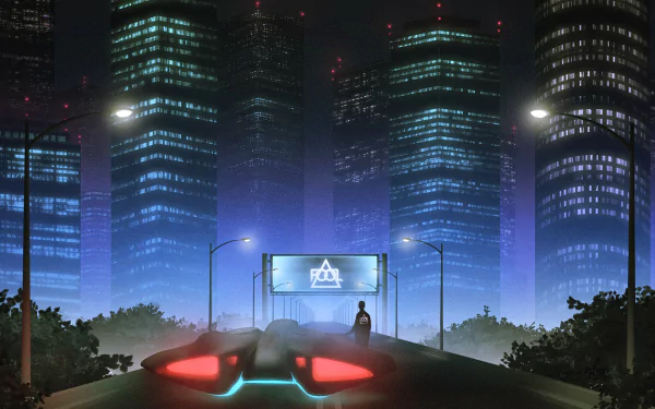 HD PC desktop wallpaper featuring a futuristic city skyline at night with glowing lights and a Monstercat music logo above a person standing near a futuristic car.
