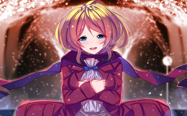 HD anime desktop wallpaper featuring Eri Ayase from Love Live!, depicted with a warm smile, purple outfit, and glowing background effects.