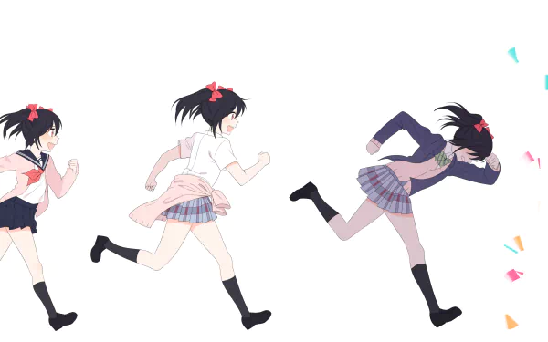 A vibrant HD wallpaper featuring Nico Yazawa from the anime Love Live!, depicting her in dynamic poses as she runs, showcasing her energetic personality.