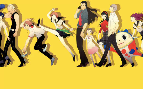 A vibrant HD wallpaper featuring characters from Persona 4, including Teddie, Naoto Shirogane, Kanji Tatsumi, and others against a bright yellow background.