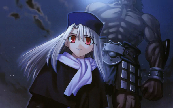 HD PC desktop wallpaper featuring a character from Fate/Stay Night: Unlimited Blade Works with striking red eyes and silver hair, set against a dark, intense anime background.