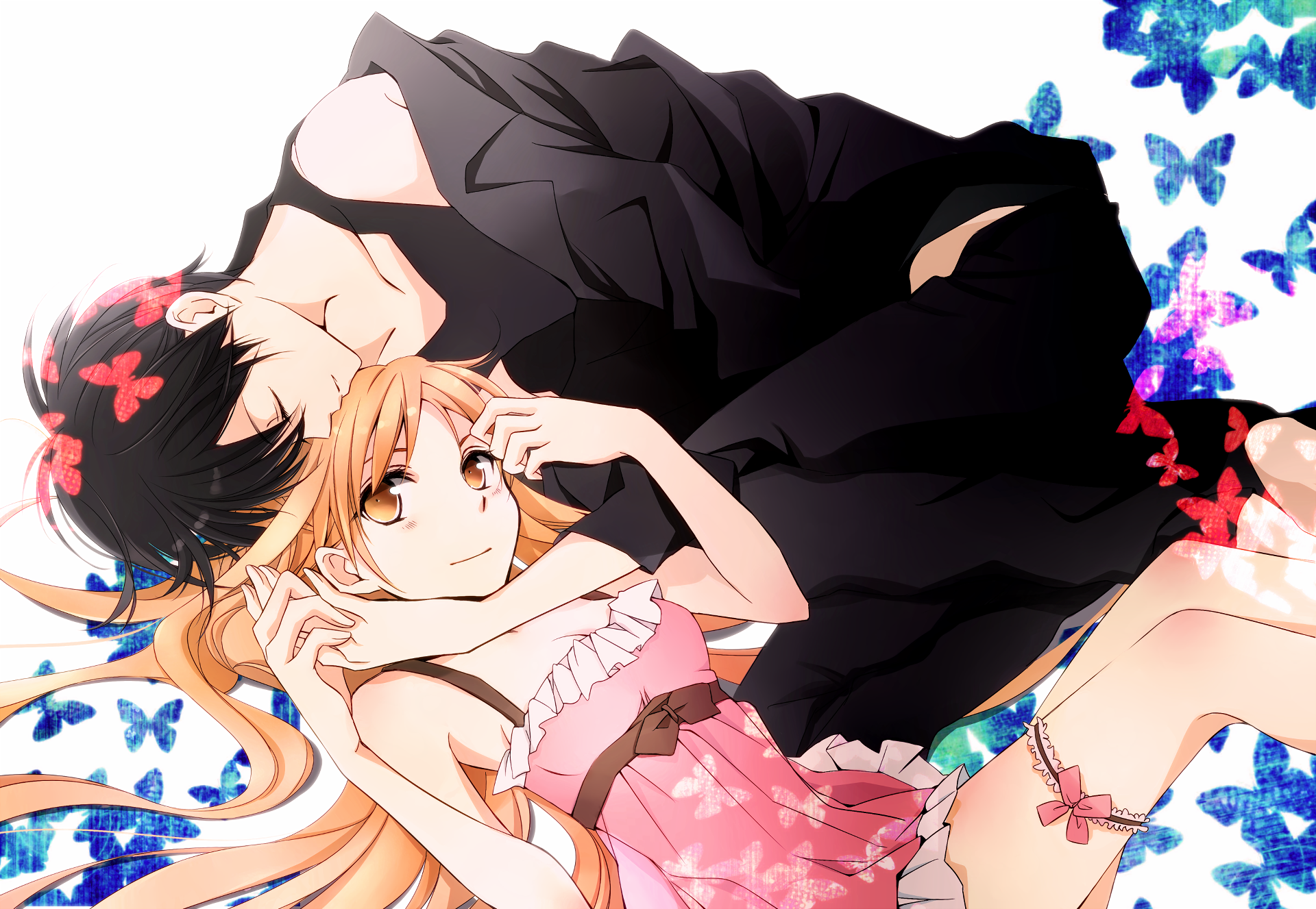 Anime HD desktop wallpaper featuring characters from Sword Art Online surrounded by colorful butterflies, blending soft and dark tones for a striking visual contrast.