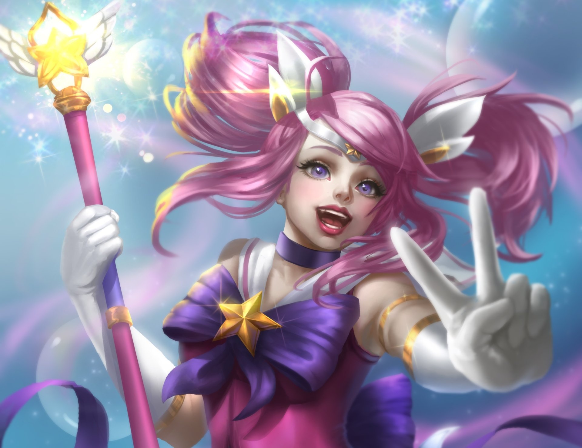 HD desktop wallpaper of Lux from League of Legends with pink twintails, purple eyes, and a glowing staff, set against a bright, magical background.