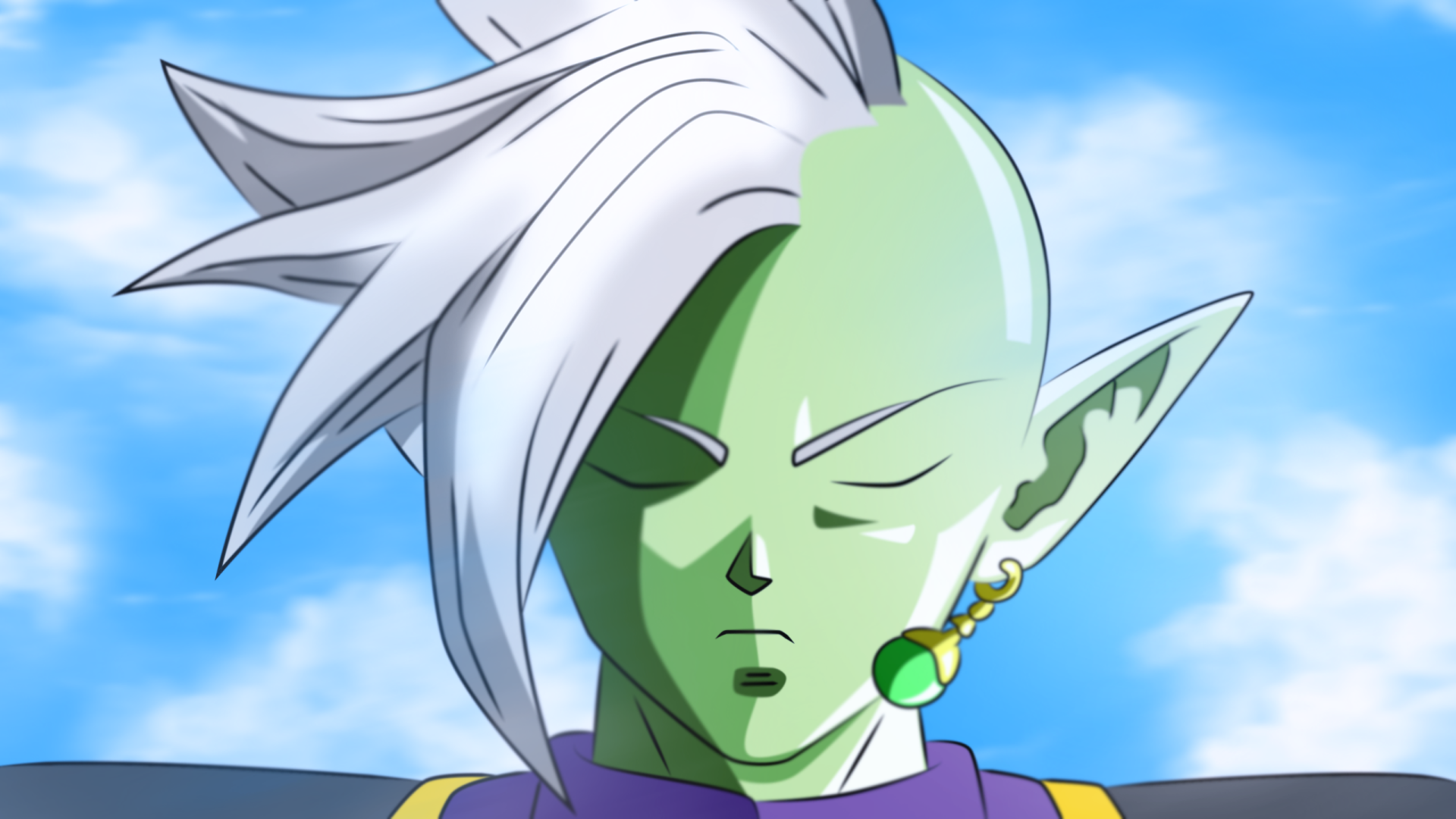 HD desktop wallpaper featuring Zamasu from Dragon Ball Super, showcasing his green skin, white hair, and an earring against a blue sky background. Tags include Dragon Ball and anime.
