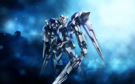 HD desktop wallpaper depicting a Gundam anime mecha, set against an ethereal, starry background, highlighted by a vibrant blue and white color scheme.