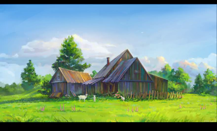 HD anime-style desktop wallpaper featuring a rustic barn surrounded by lush green grass and trees under a bright blue sky.