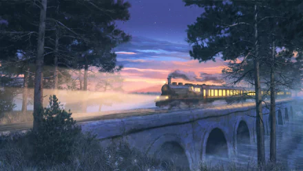 A serene anime-inspired scene featuring a steam train crossing a scenic viaduct at sunset, surrounded by misty trees, creating a captivating HD wallpaper.