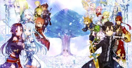 A vibrant HD wallpaper featuring characters from Sword Art Online II, set against a backdrop of a blossoming tree, showcasing a dynamic clash of heroes and villains.