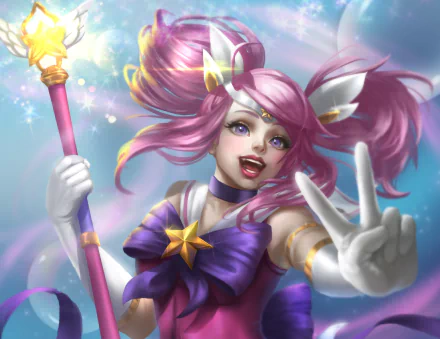 HD desktop wallpaper of Lux from League of Legends with pink twintails, purple eyes, and a glowing staff, set against a bright, magical background.