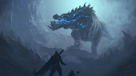 HD desktop wallpaper featuring Deviljho from Monster Hunter in a dramatic scene, showcasing the creature's immense size and power against a misty, cavernous backdrop.