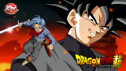 HD desktop wallpaper featuring Trunks wielding a sword and Black Goku from Dragon Ball Super, set against a dynamic, fiery background.