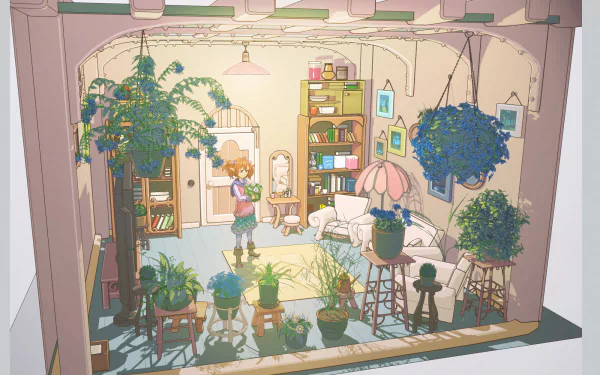 HD anime desktop wallpaper showing a cozy room filled with potted plants and flowers, creating a lush garden atmosphere inside the space.