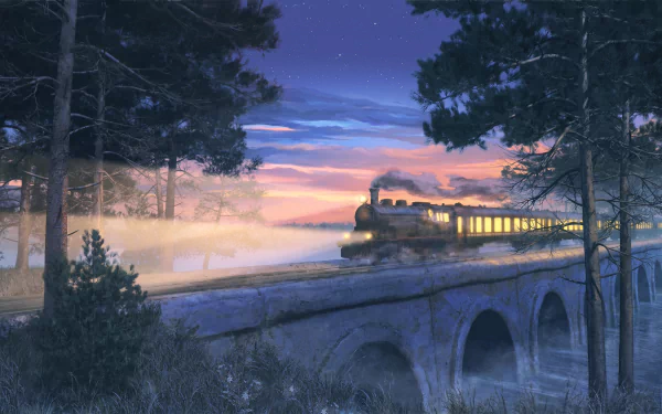 A serene anime-inspired scene featuring a steam train crossing a scenic viaduct at sunset, surrounded by misty trees, creating a captivating HD wallpaper.