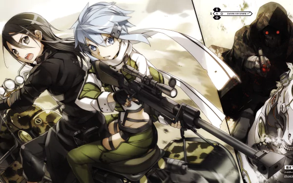 4K Ultra HD anime wallpaper featuring characters from Sword Art Online II, showcasing dynamic action with detailed futuristic weaponry and intense expressions.