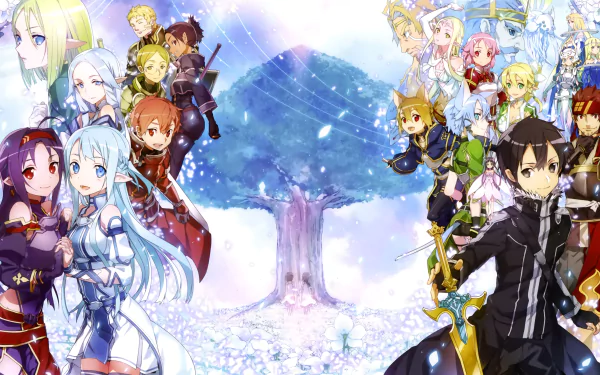 A vibrant HD wallpaper featuring characters from Sword Art Online II, set against a backdrop of a blossoming tree, showcasing a dynamic clash of heroes and villains.