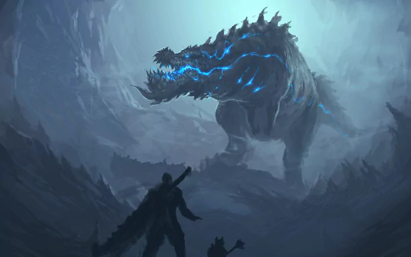 HD desktop wallpaper featuring Deviljho from Monster Hunter in a dramatic scene, showcasing the creature's immense size and power against a misty, cavernous backdrop.