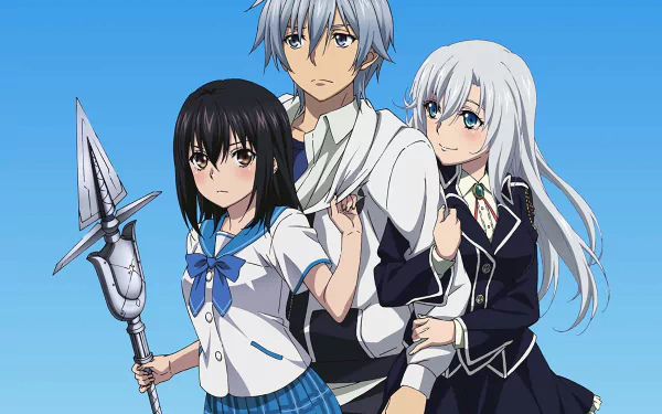 Anime-inspired wallpaper from Strike the Blood, featuring three characters: a gray-haired young man flanked by two girls, one in a school uniform and the other in a black blazer, against a blue sky.