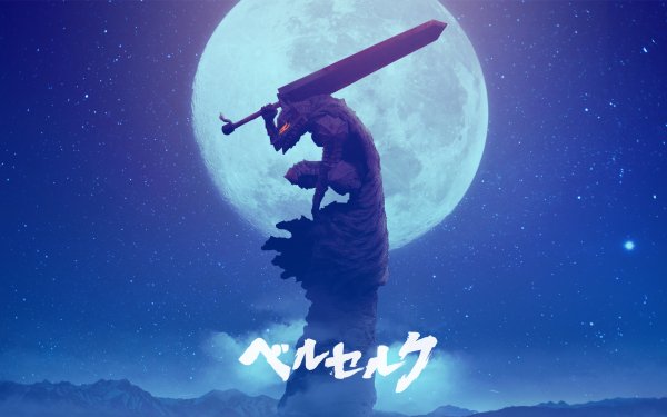 HD desktop wallpaper featuring Guts from Berserk, a warrior with a massive sword, silhouetted against a full moon and starry night sky. Text in Japanese reads Berserk.