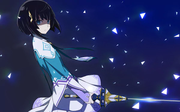 Anime-inspired 4K Ultra HD wallpaper featuring a character from Sword Art Online, holding a sword against a backdrop of shimmering blue and white particles.