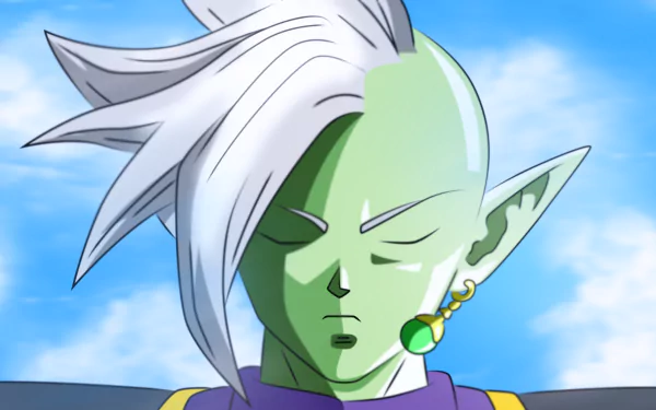 HD desktop wallpaper featuring Zamasu from Dragon Ball Super, showcasing his green skin, white hair, and an earring against a blue sky background. Tags include Dragon Ball and anime.