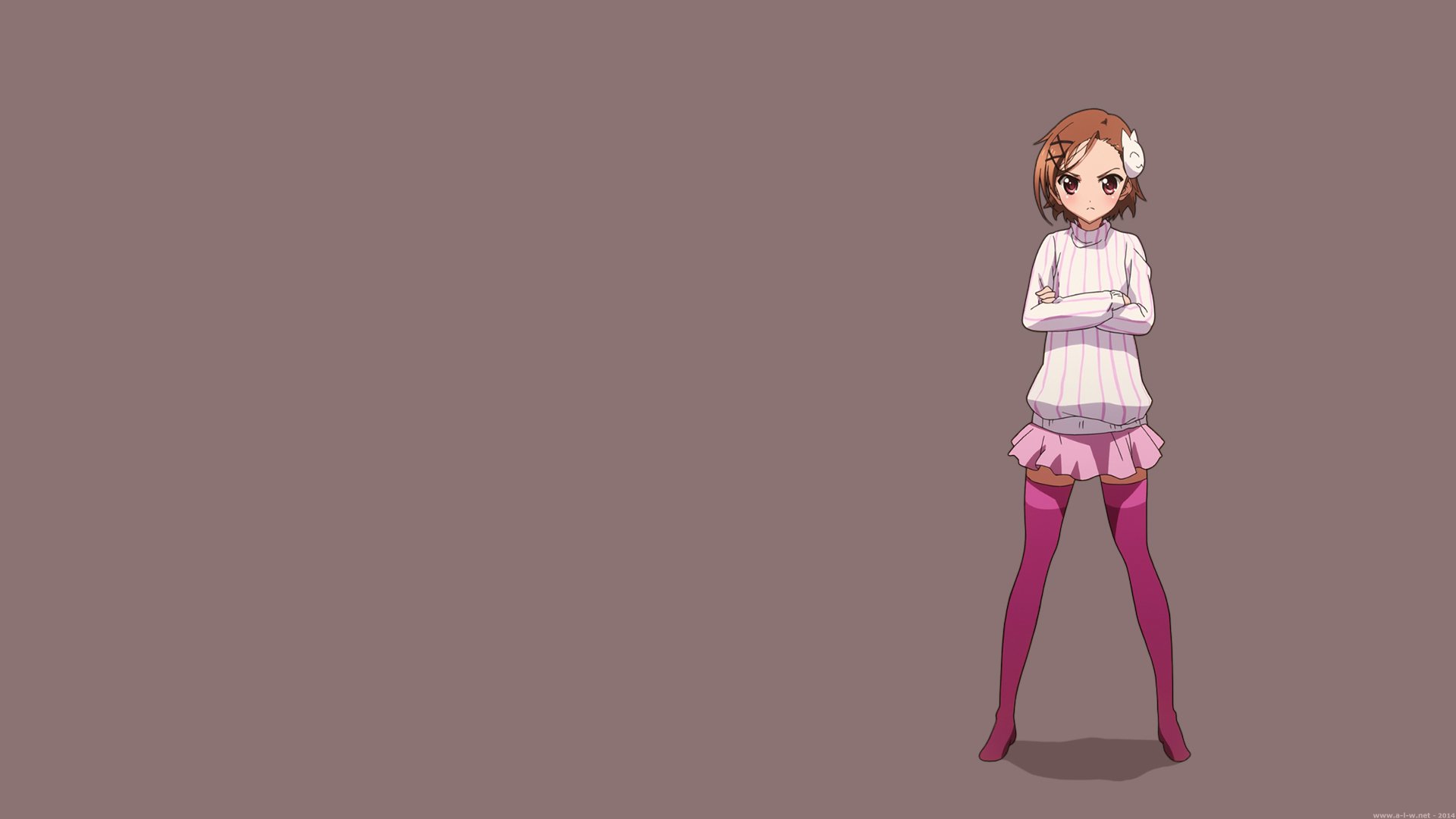 Anime HD desktop wallpaper of Chiyuri Kurashima from Accel World wearing a sweater, pink skirt, and thigh highs on a plain brown background.