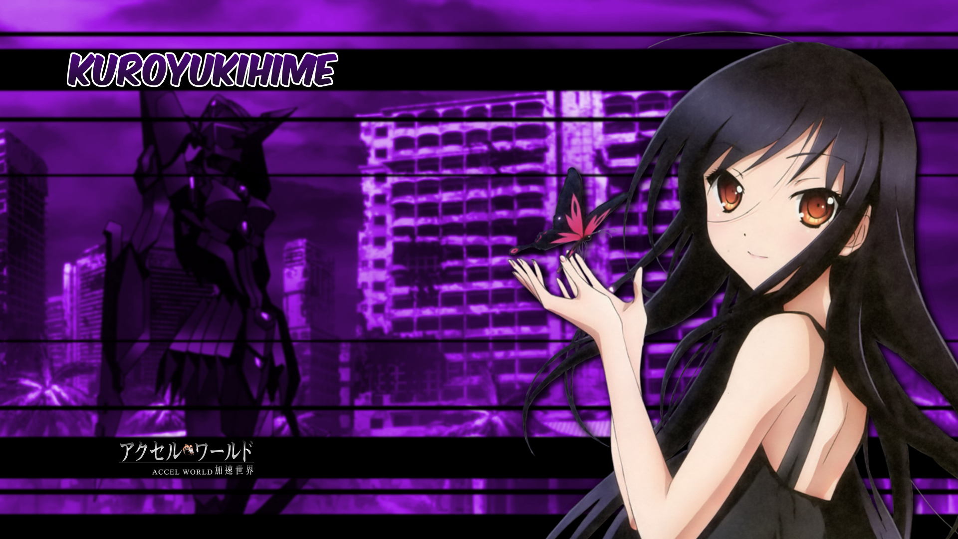 HD PC desktop wallpaper featuring Kuroyukihime from the anime Accel World, with a purple cityscape background and a butterfly resting on her hand.