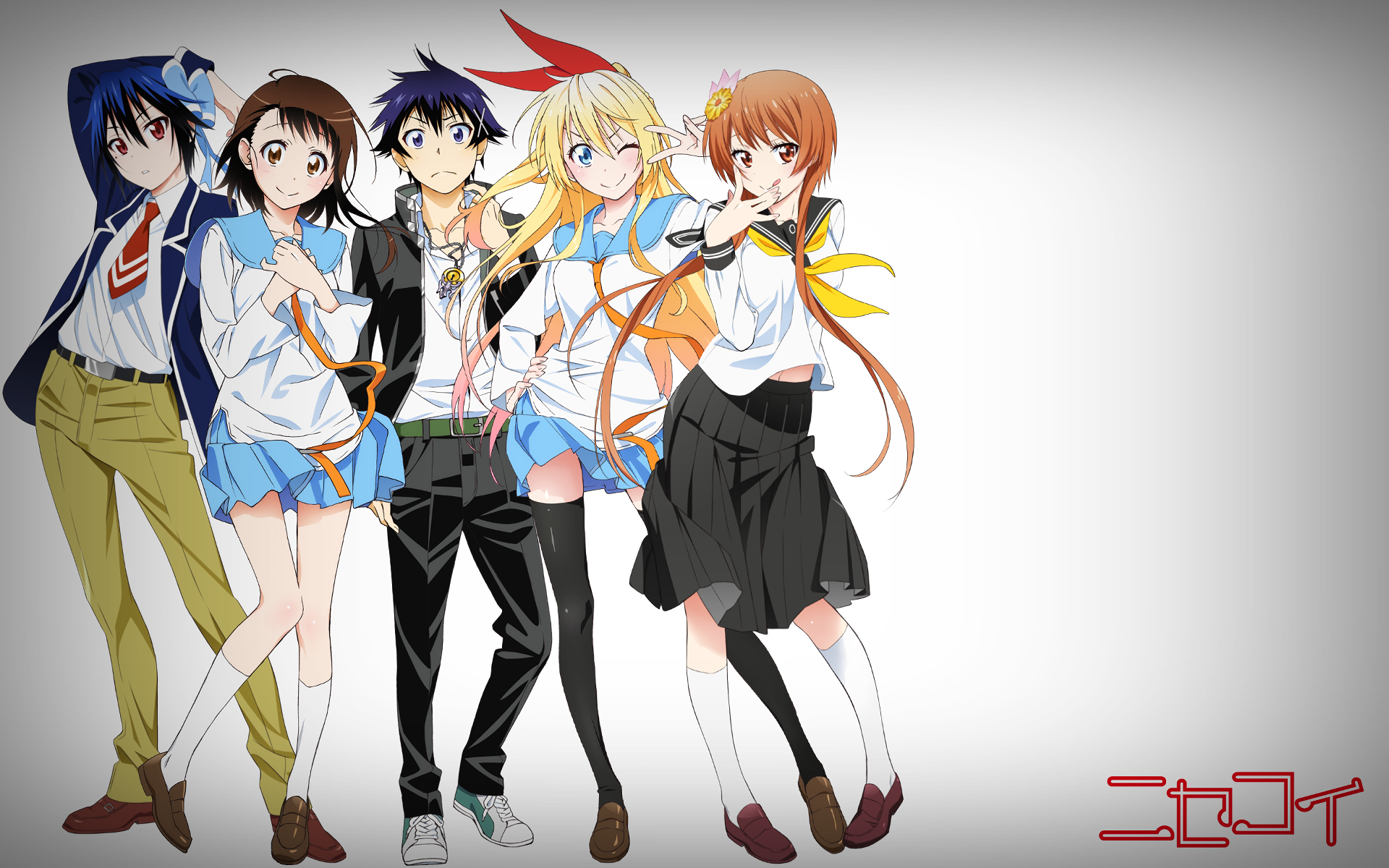 Anime characters from Nisekoi, including Marika Tachibana, Chitoge Kirisaki, and Kosaki Onodera, are featured in a vibrant HD wallpaper, showcasing their distinct styles and expressions.