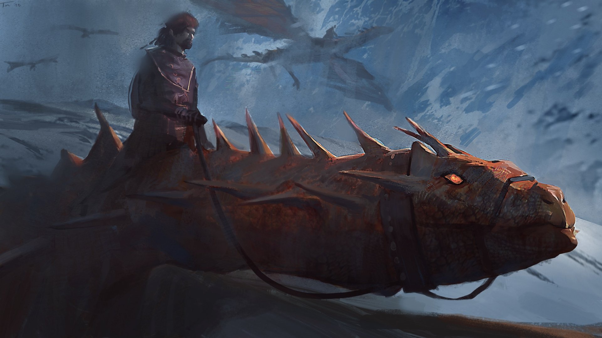 HD fantasy PC desktop wallpaper depicting a warrior riding a large armored dragon against a cloudy, dramatic sky backdrop.