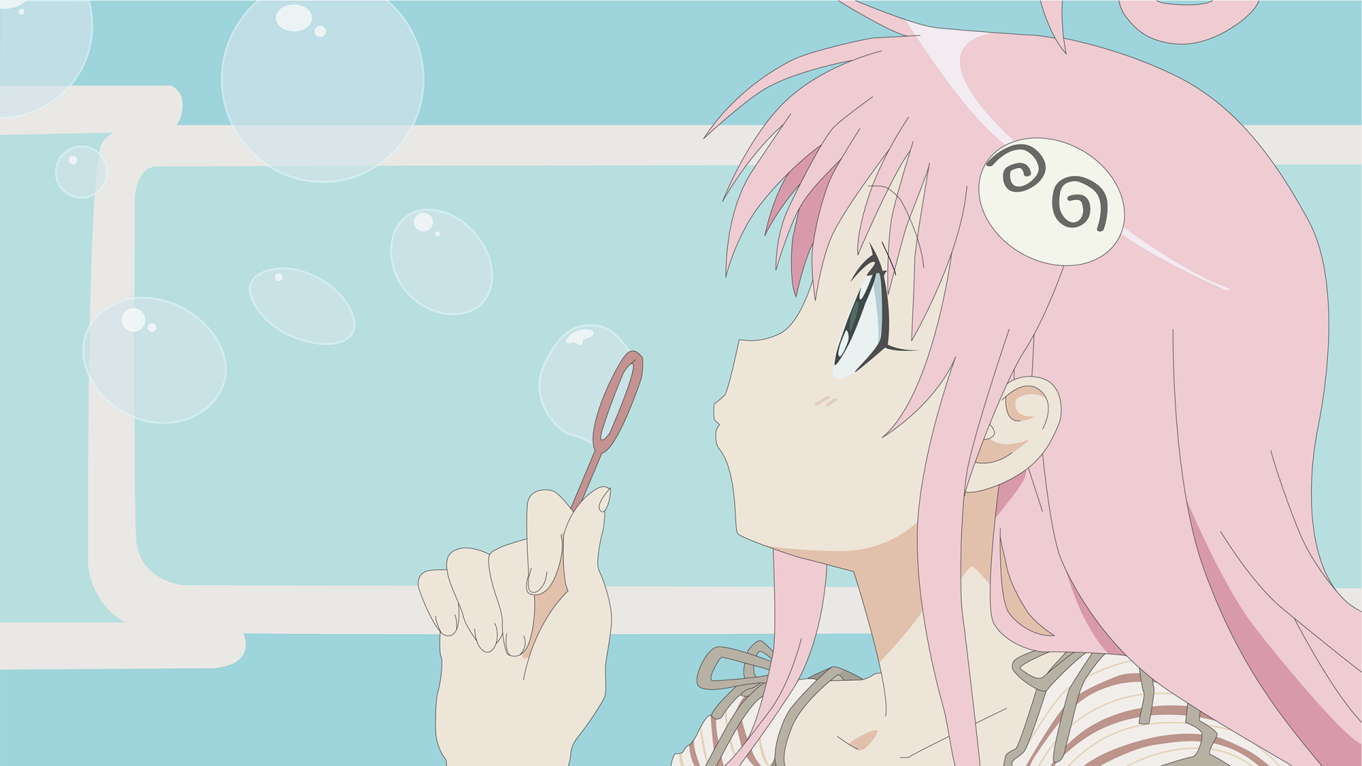 HD anime wallpaper from To Love-Ru featuring a pink-haired character blowing bubbles against a soft blue background with light geometric shapes.