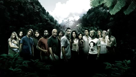 A dramatic HD wallpaper featuring the cast of the TV show Lost, set against a lush jungle background, capturing the intrigue and mystery of the series.