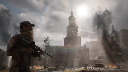 Homefront video game 5K Ultra HD PC desktop wallpaper: armed fighter in scarf and rifle stands amid smoke and rubble before a ruined clocktower.