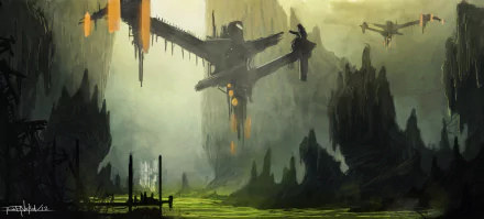 2K Quad HD PC desktop wallpaper and background: a moody fantasy landscape with a colossal ruined building suspended above a green swamp, jagged cliffs and distant flying craft.