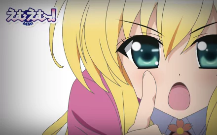HD anime PC desktop wallpaper featuring a close-up of a blonde character from MM! with expressive teal eyes and a surprised expression.