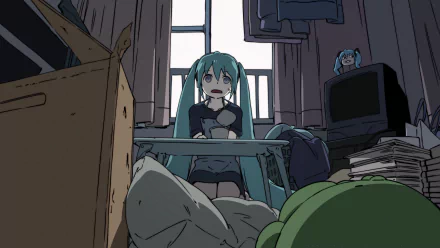 Hatsune Miku (Vocaloid) anime scene: teal twin‑tails at a cluttered desk in a dim room, open‑mouthed with plush and stacks around — 2K Quad HD PC desktop wallpaper and background.