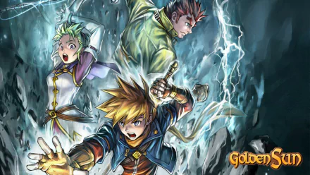 Video game HD PC desktop wallpaper of Golden Sun: Dark Dawn — three heroes casting elemental magic amid swirling water and lightning, dramatic storm backdrop.