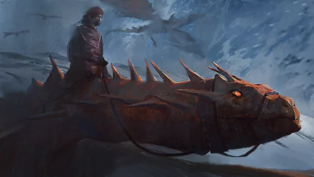 HD fantasy PC desktop wallpaper depicting a warrior riding a large armored dragon against a cloudy, dramatic sky backdrop.