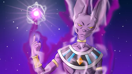 HD desktop wallpaper of Beerus from Dragon Ball Super. The anime character is depicted with an intense expression, surrounded by a cosmic background, holding an energy orb with a pointed finger.