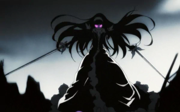 A striking HD wallpaper featuring Kuroyukihime from Accel World, showcasing her dramatic silhouette with flowing hair and glowing eyes against a dark, moody background.