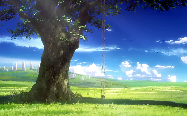 An HD desktop wallpaper featuring a tranquil anime scene from Shelter, depicting a large tree with a swing in a sunlit meadow, under a vivid blue sky with scattered clouds.