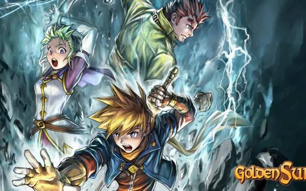 Video game HD PC desktop wallpaper of Golden Sun: Dark Dawn — three heroes casting elemental magic amid swirling water and lightning, dramatic storm backdrop.