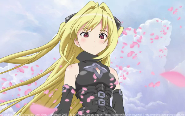 A stunning HD wallpaper featuring Golden Darkness from To Love-Ru, showcasing her long blonde hair, red eyes, and a gentle blush against a backdrop of clouds and falling petals.